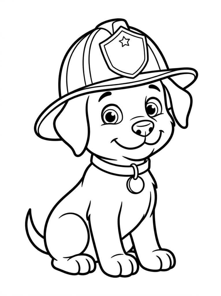 Zittende puppy draagt brandweerhelm