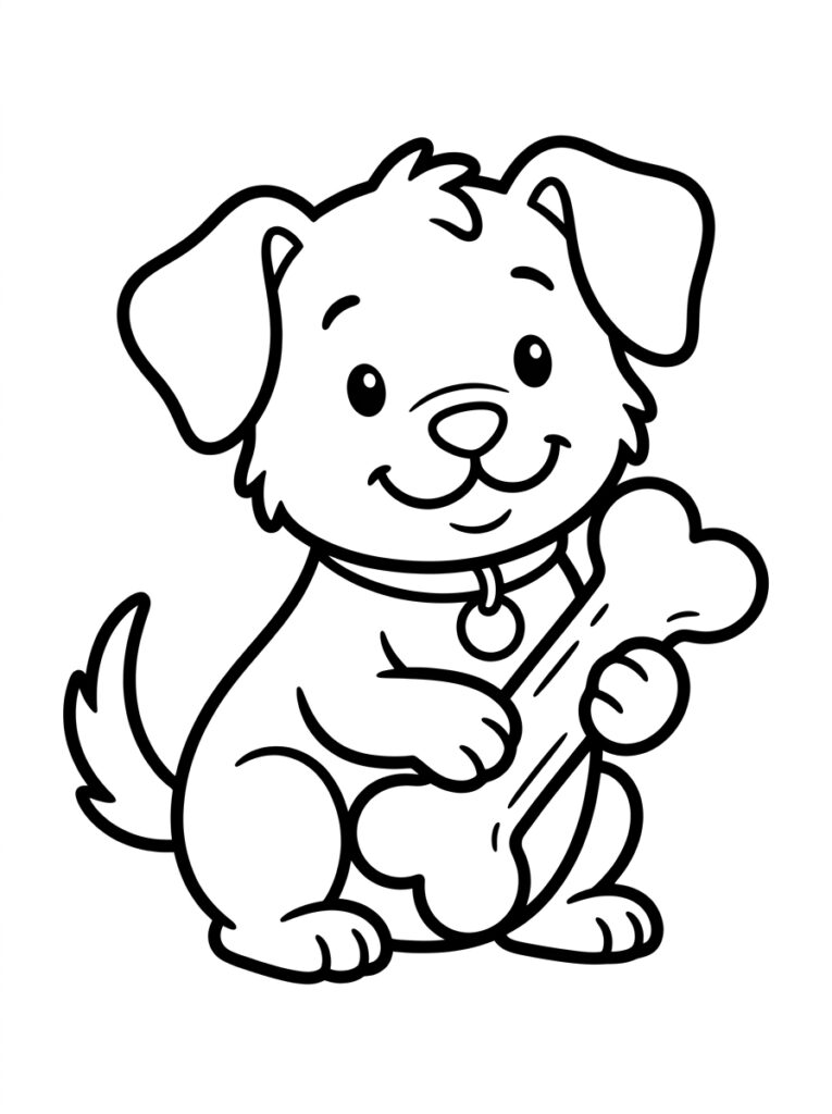Zittende puppy met halsband houdt bot vast