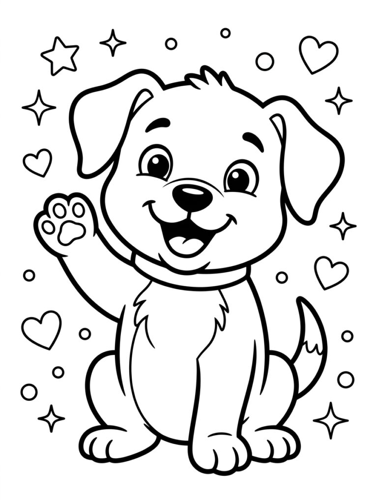 Zittende puppy zwaait met poot en sterren