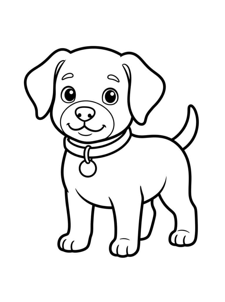 Staande puppy met halsband kijkt vooruit