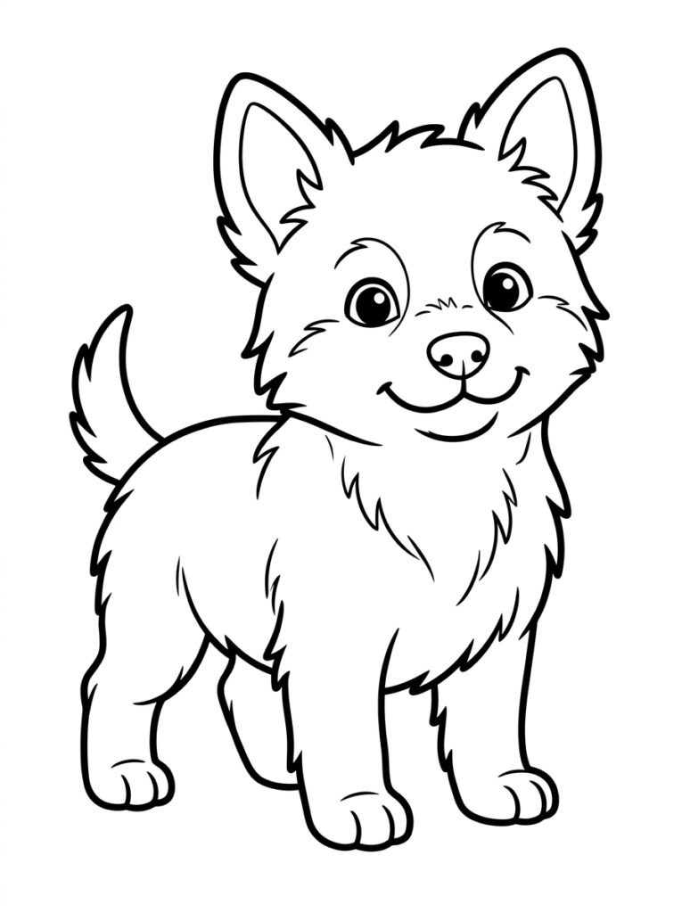 Pluizige puppy met grote ogen en spitse oren