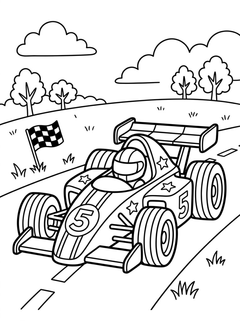 Raceauto nummer vijf met coureur en vlag