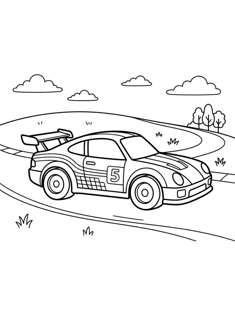 Raceauto nummer vijf op bochtige weg