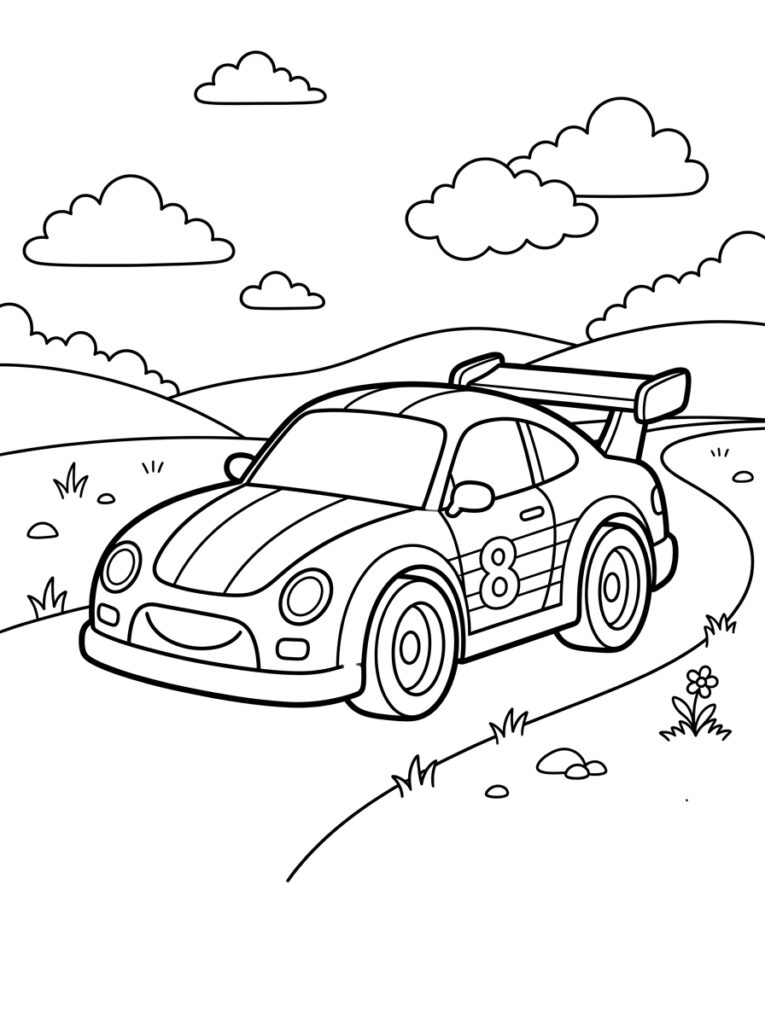 Raceauto nummer acht op slingerende weg