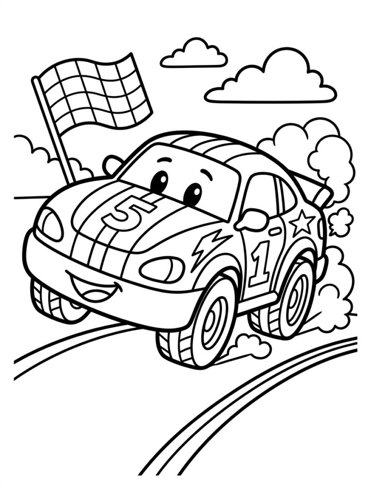 Raceauto met ogen en rook uit banden