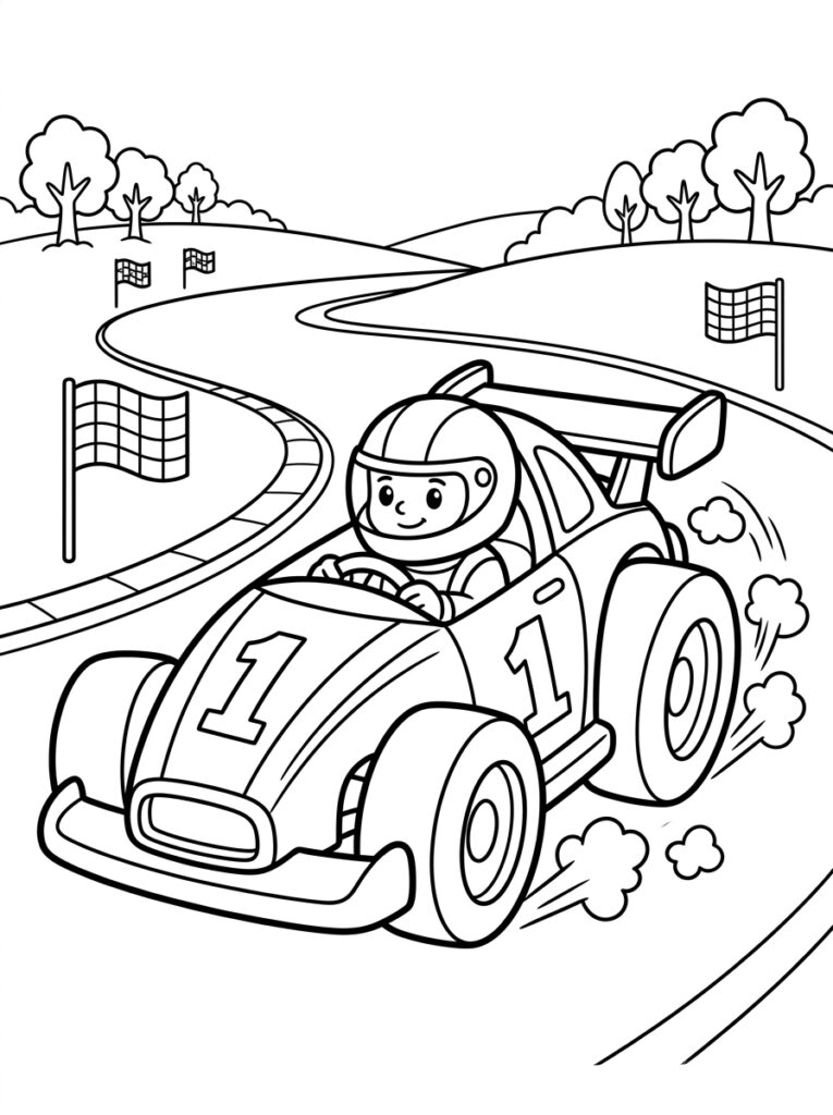 Raceauto nummer een met coureur en vlaggen