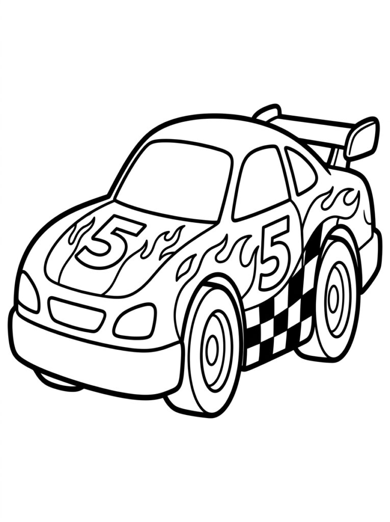 Raceauto nummer vijf met vlammen en ruiten