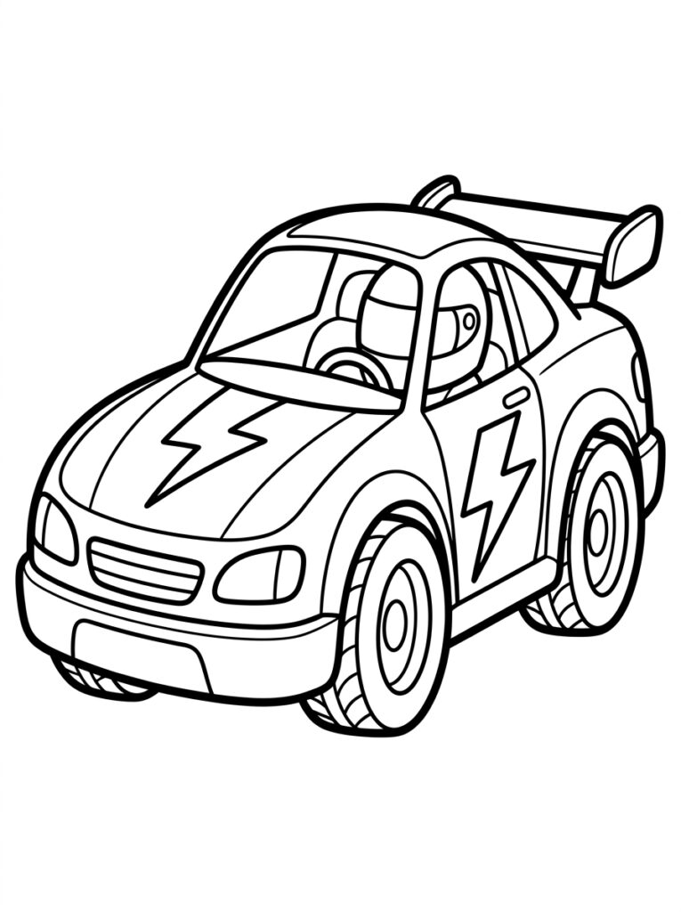 Raceauto met bliksemschichten en coureur