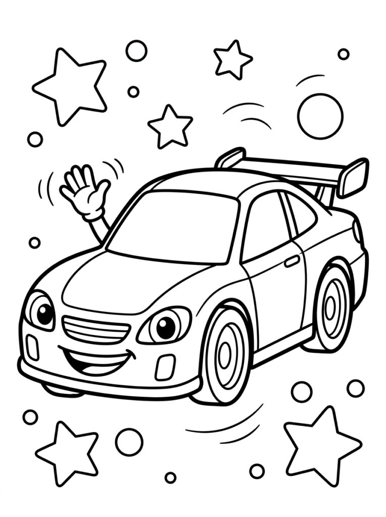 Raceauto met lachend gezicht en zwaaiende hand