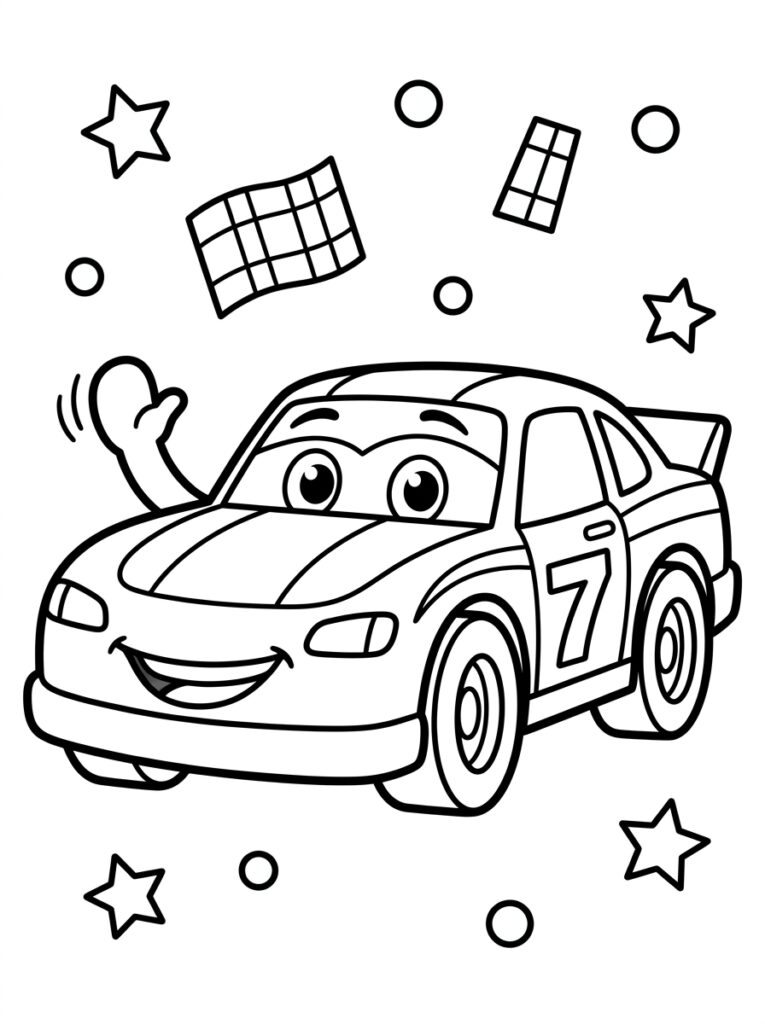 Raceauto met nummer zeven en geruite vlag