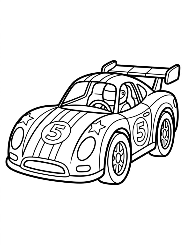 Racewagen met coureur en nummer vijf