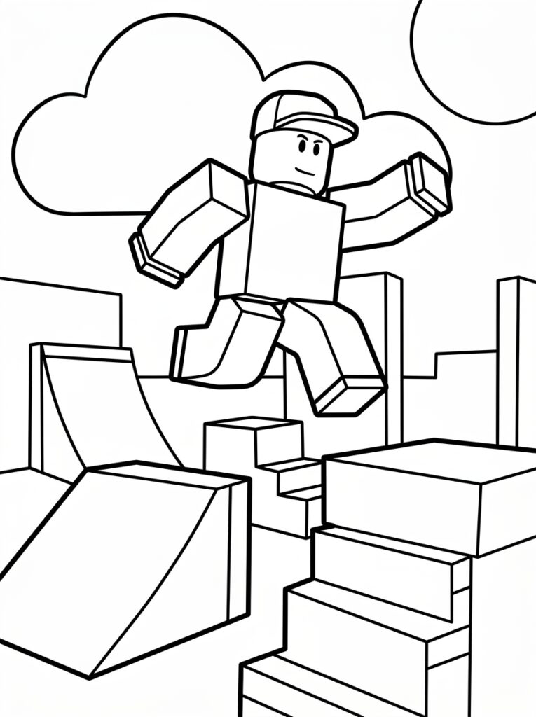 Kleurplaat van een Roblox avatar met pet die springt op trappen en blokken met wolken op de achtergrond