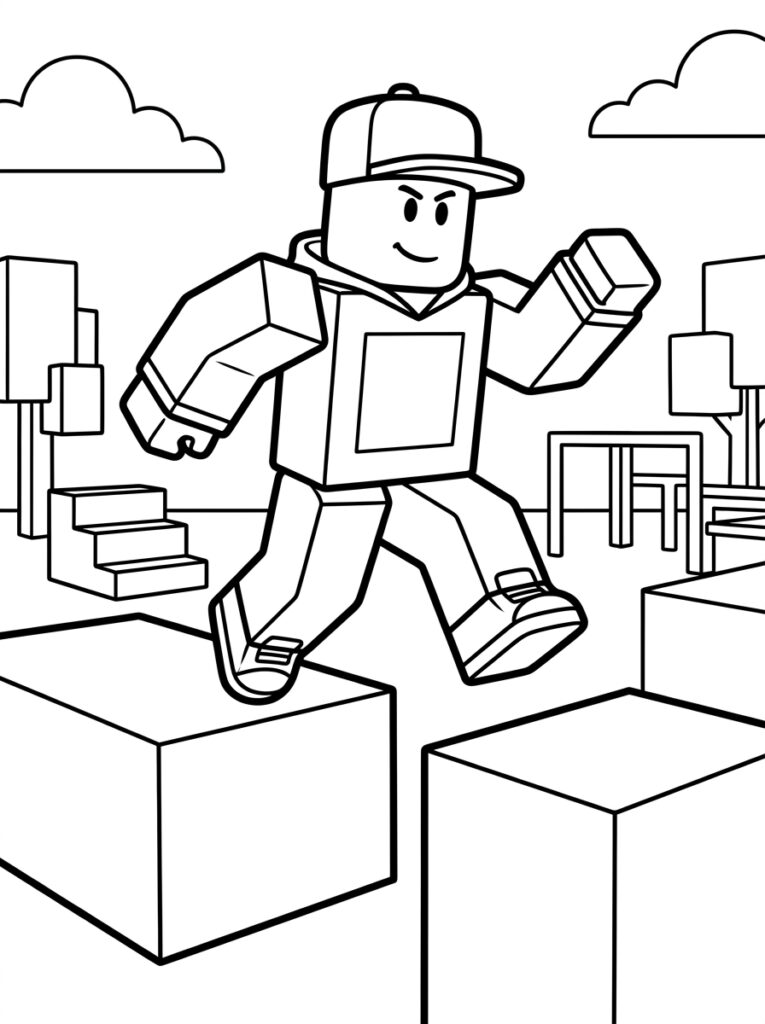 Kleurplaat van een Roblox figuur met cap en hoodie die loopt over blokken met trappen en constructies op de achtergrond