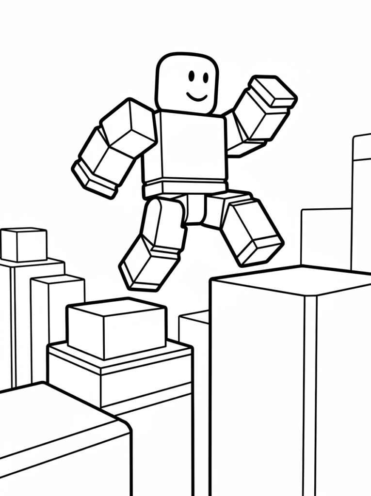 Kleurplaat van een klassieke Roblox avatar met glimlach die springt boven blokken en platforms