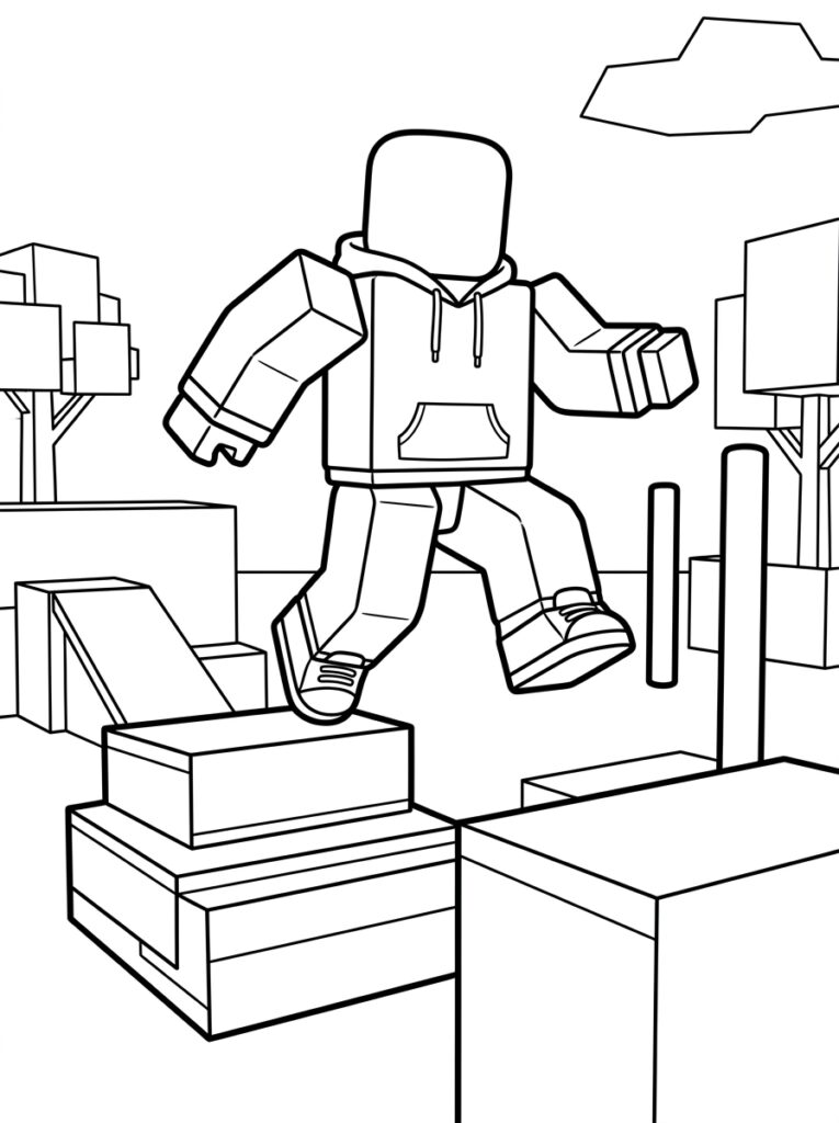 Kleurplaat van een Roblox avatar in hoodie staand op blokken met bomen en wolken op de achtergrond