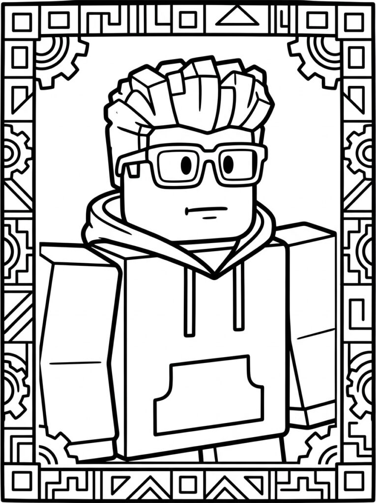 Kleurplaat van een Roblox figuur met bril en blokkenhaar in een kader met tandwielen en geometrische patronen