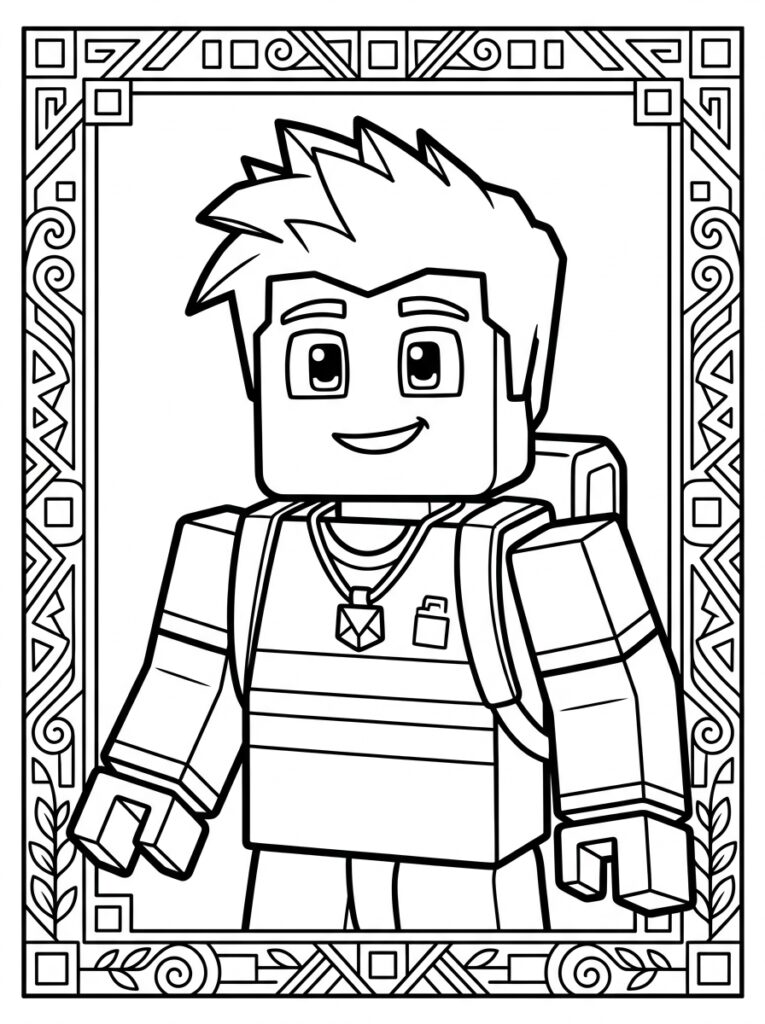 Kleurplaat van een Roblox avatar met stekelhaar rugzak en ketting in een decoratieve lijst met bladeren