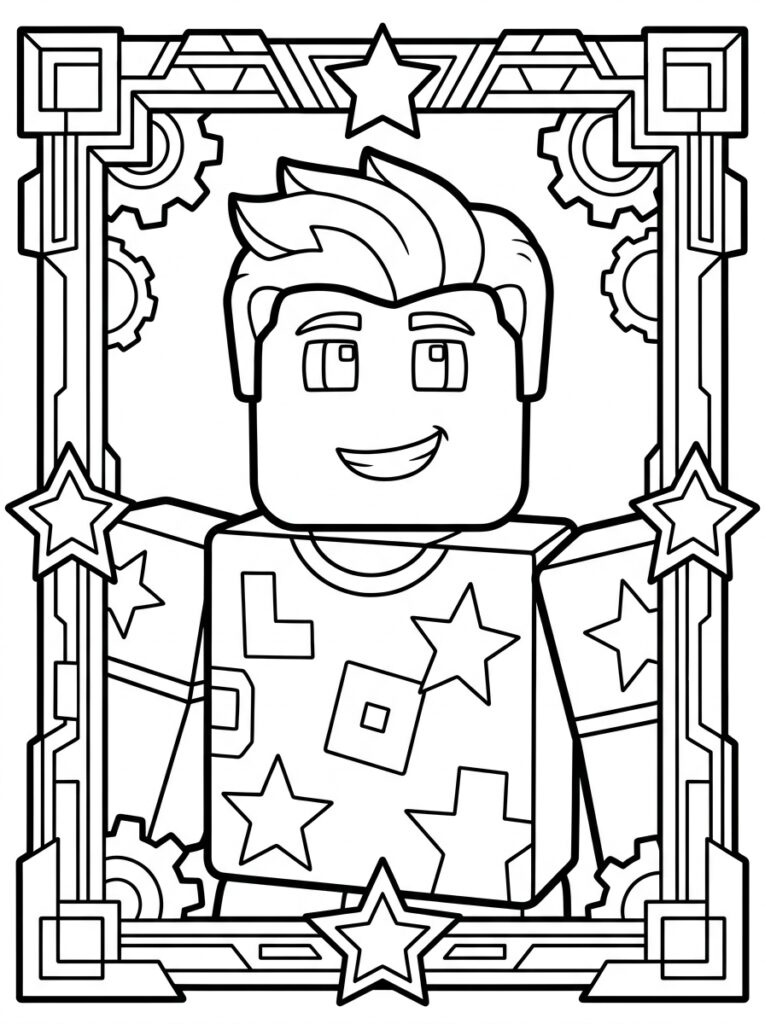 Kleurplaat van een Roblox figuur met sterren shirt in een lijst met sterren tandwielen en mechanische elementen