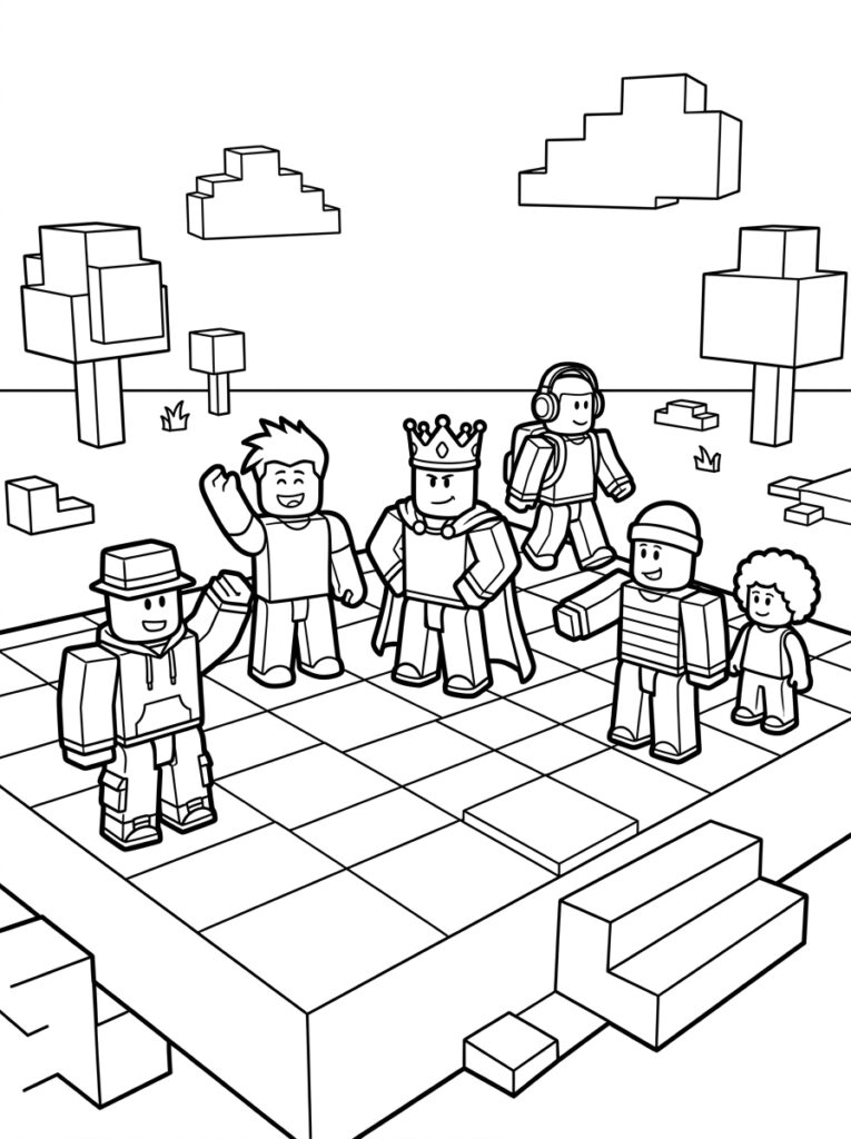 Kleurplaat van zes diverse Roblox avatars waaronder een koning met kroon en cape op een geruite vloer met blokbomen