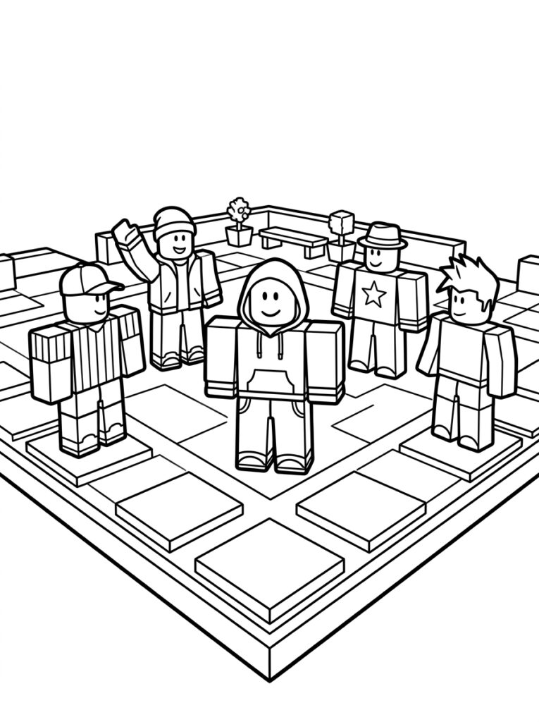 Kleurplaat van vijf Roblox avatars poserend op een betegeld platform met plantenbakken