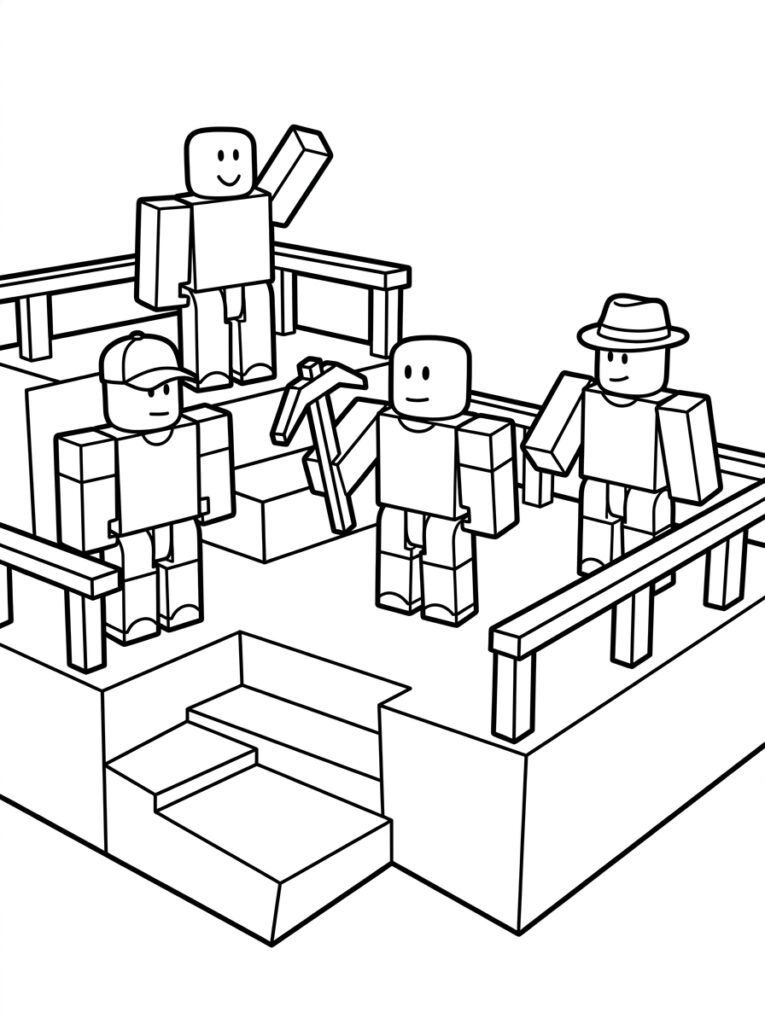 Kleurplaat van vier Roblox karakters op een verhoogde tribune met leuningen en een houweel