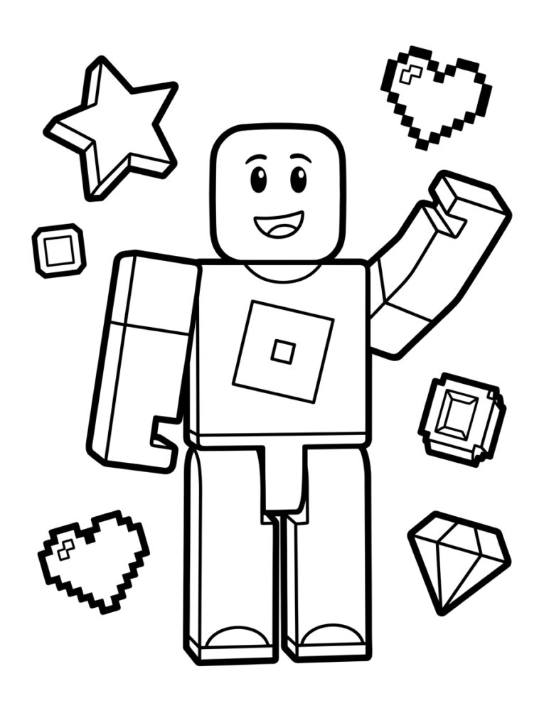 Kleurplaat van een Roblox avatar met open mond omringd door een ster pixelharten en een diamant