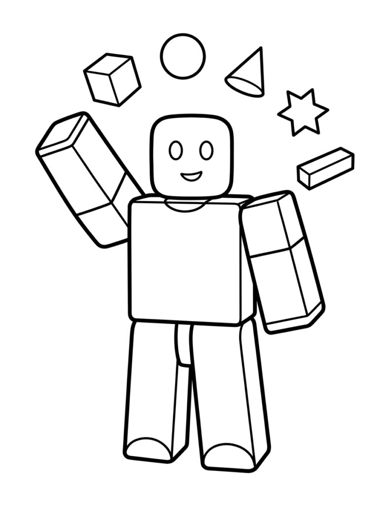 Kleurplaat van een Roblox figuur met uitgestrekte armen omringd door zwevende kubus cirkel kegel ster en balk