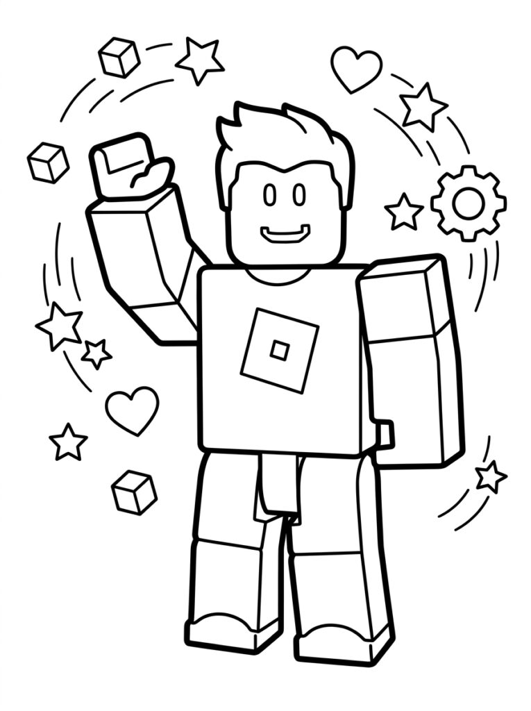 Kleurplaat van een Roblox avatar met haar omringd door sterren harten tandwielen en beweginglijnen