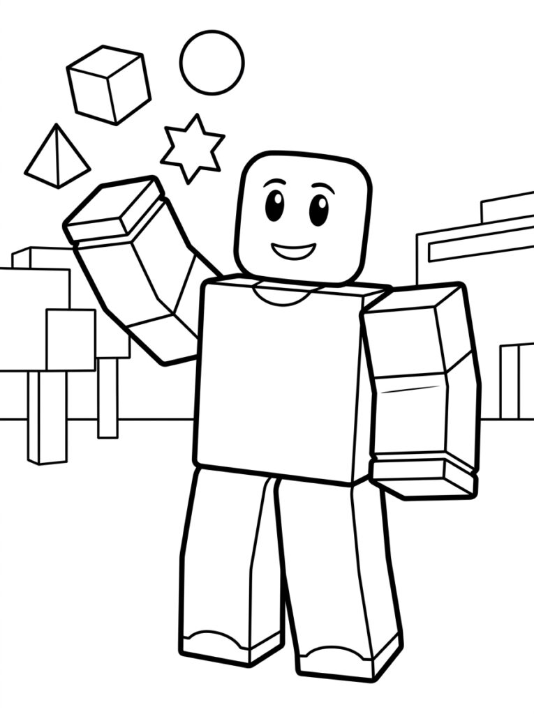 Kleurplaat van een Roblox avatar met grote ogen en zwevende kubus ster cirkel en driehoek met blokken op de achtergrond