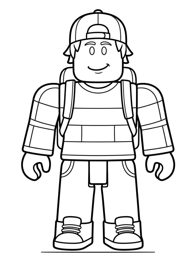 Kleurplaat van een Roblox avatar met pet rugzak geruit shirt en lachend gezicht