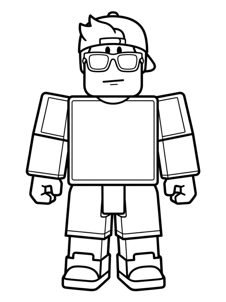 Kleurplaat van een Roblox figuur met bril pet en neutrale uitdrukking