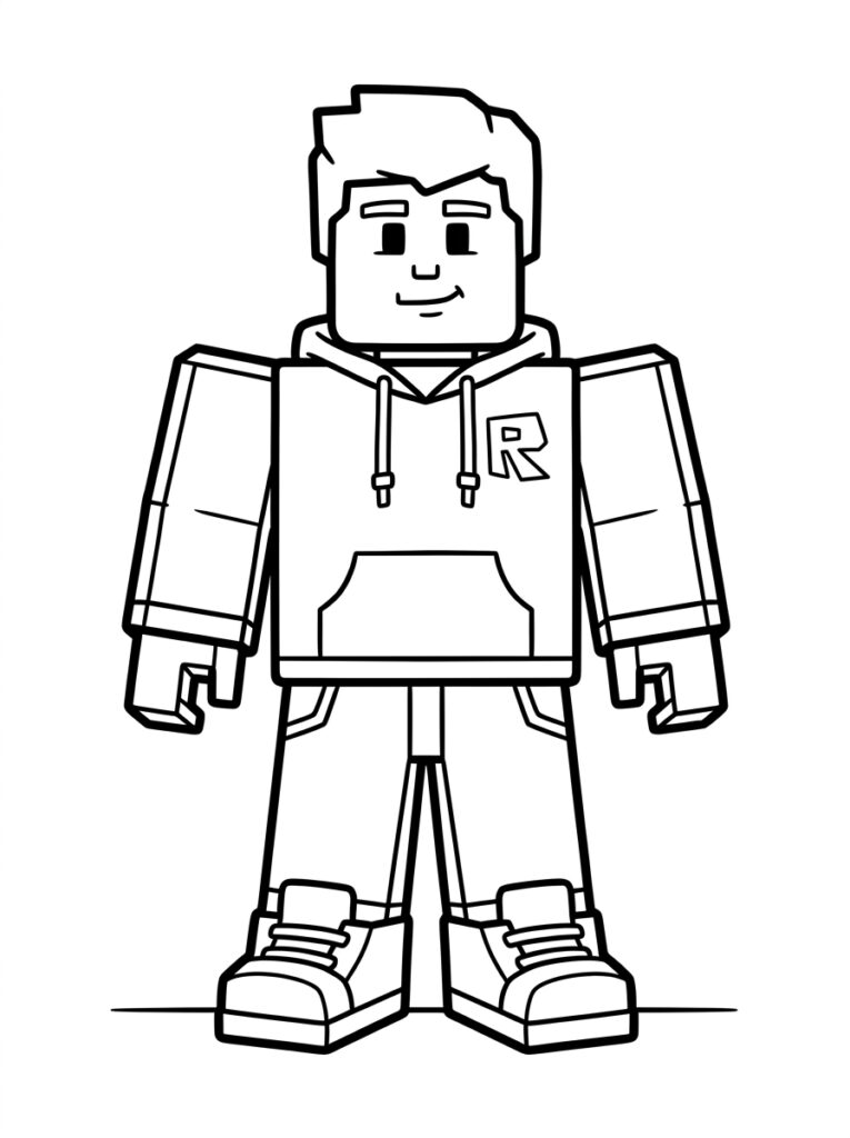 Kleurplaat van een Roblox avatar in hoodie met R logo en glimlach