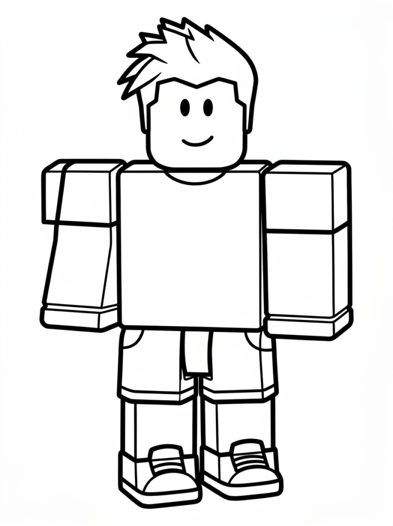 Kleurplaat van een Roblox avatar met stekelhaar glimlach en blokken ledematen