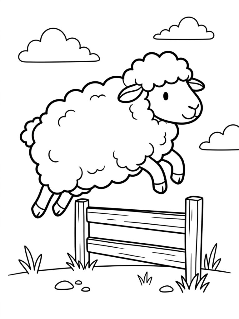 Kleurplaat van een schaap dat over een hek springt met wolken en gras