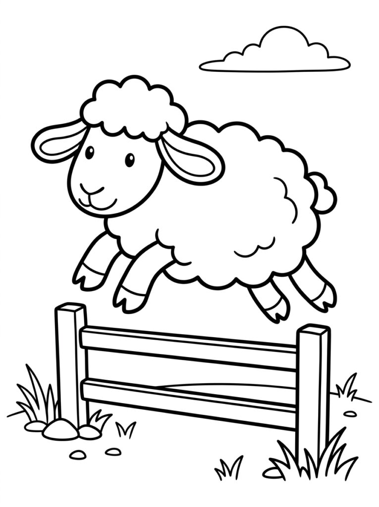 Kleurplaat van een schaap dat over een houten hek springt met gras en een wolk