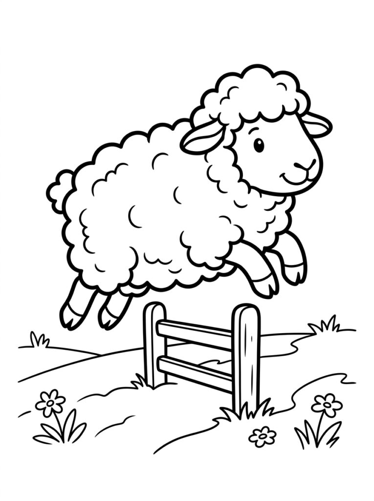 Kleurplaat van een schaap dat over een hek springt met bloemen en gras