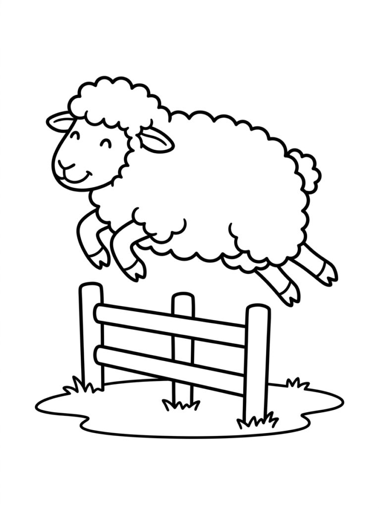 Kleurplaat van een schaap dat over een hek springt met gras eronder