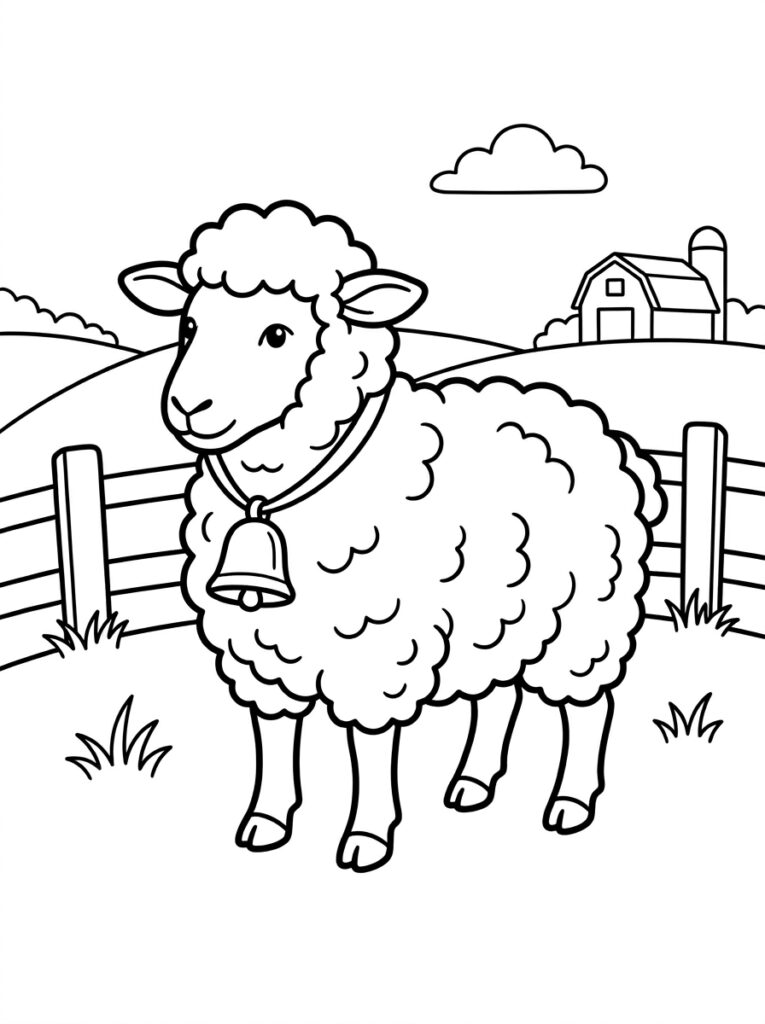 Kleurplaat van een schaap met bel voor een boerderij hek en wolken