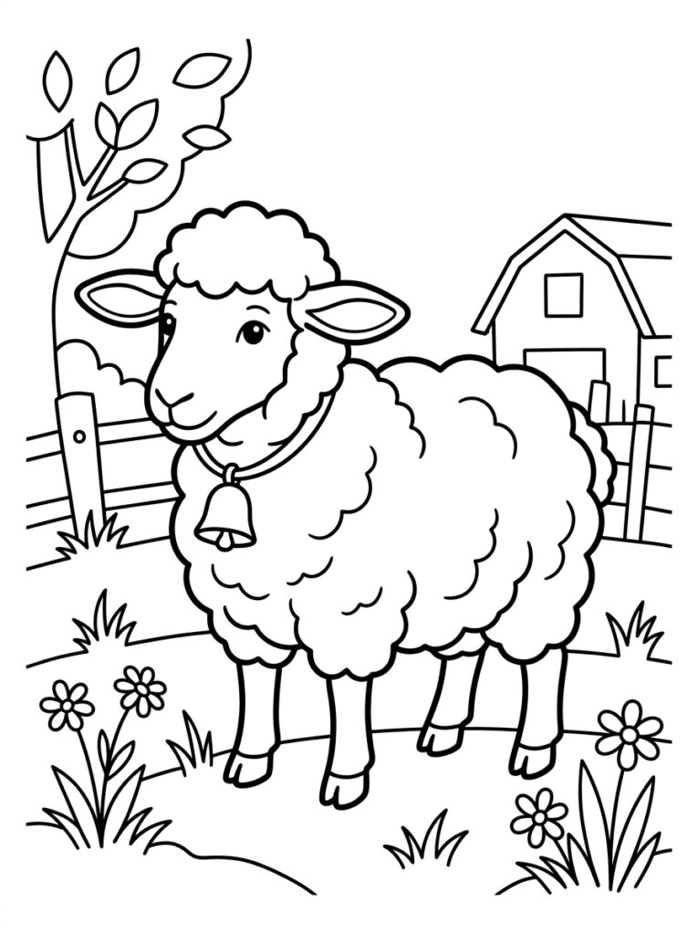 Kleurplaat van een schaap met bel staand bij een hek boom en boerderij
