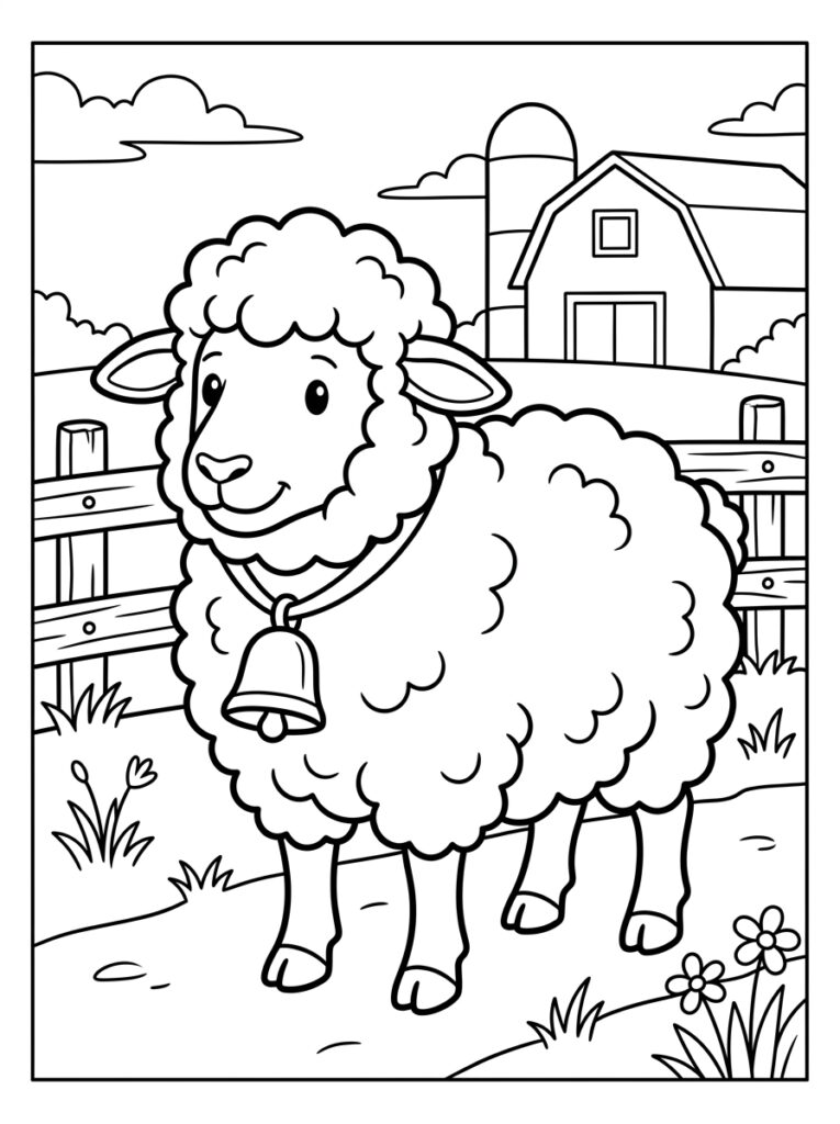 Kleurplaat van een schaap met bel voor een boerderij hek en wolken