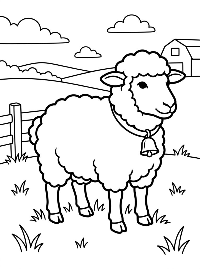 Kleurplaat van een schaap met bel in een weiland met hek en boerderij