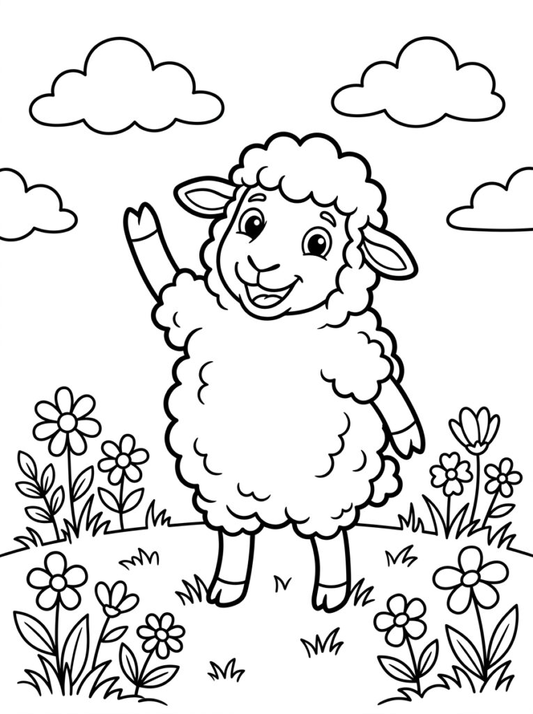 Kleurplaat van een lachend schaap dat zwaait tussen bloemen en wolken