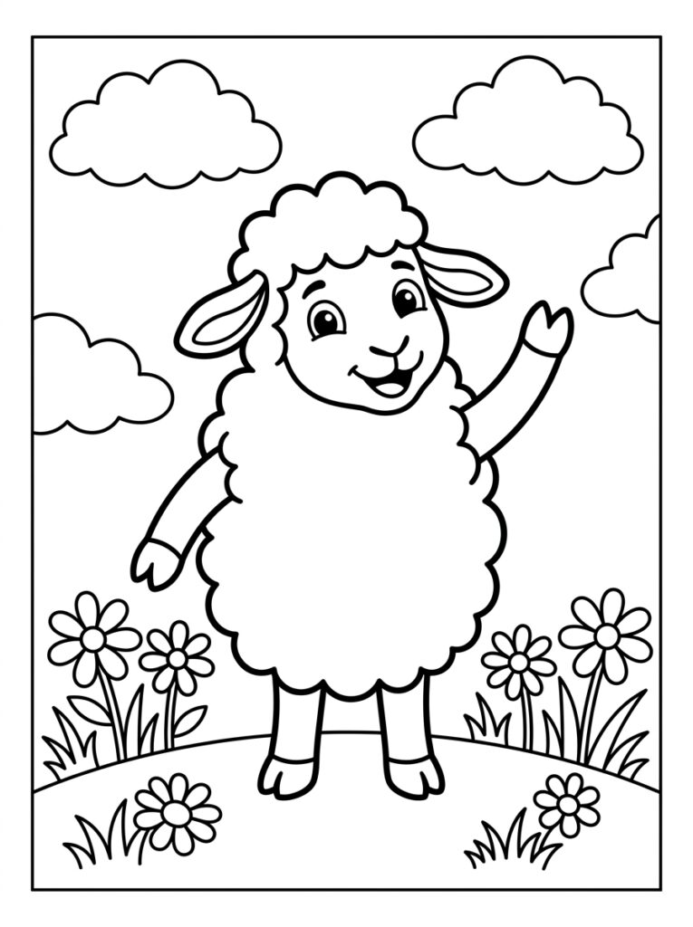 Kleurplaat van een schaap dat zwaait met een arm tussen bloemen en wolken