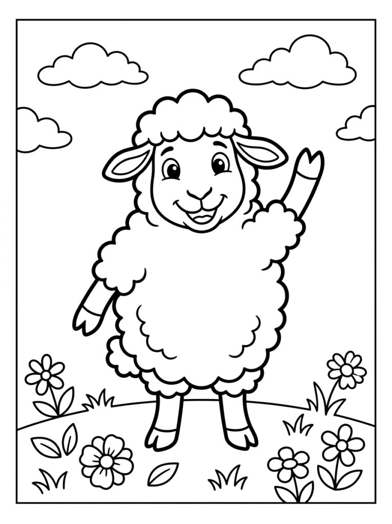 Kleurplaat van een lachend schaap dat zwaait met bloemen en wolken