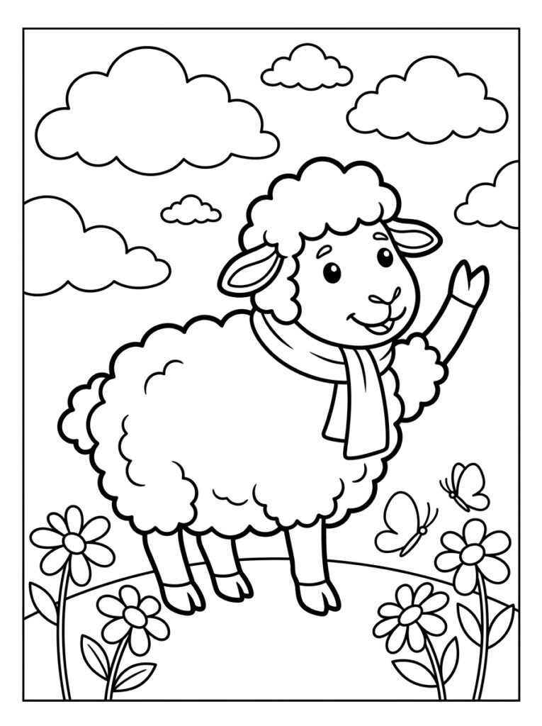 Kleurplaat van een schaap met sjaal dat zwaait bij bloemen en vlinders