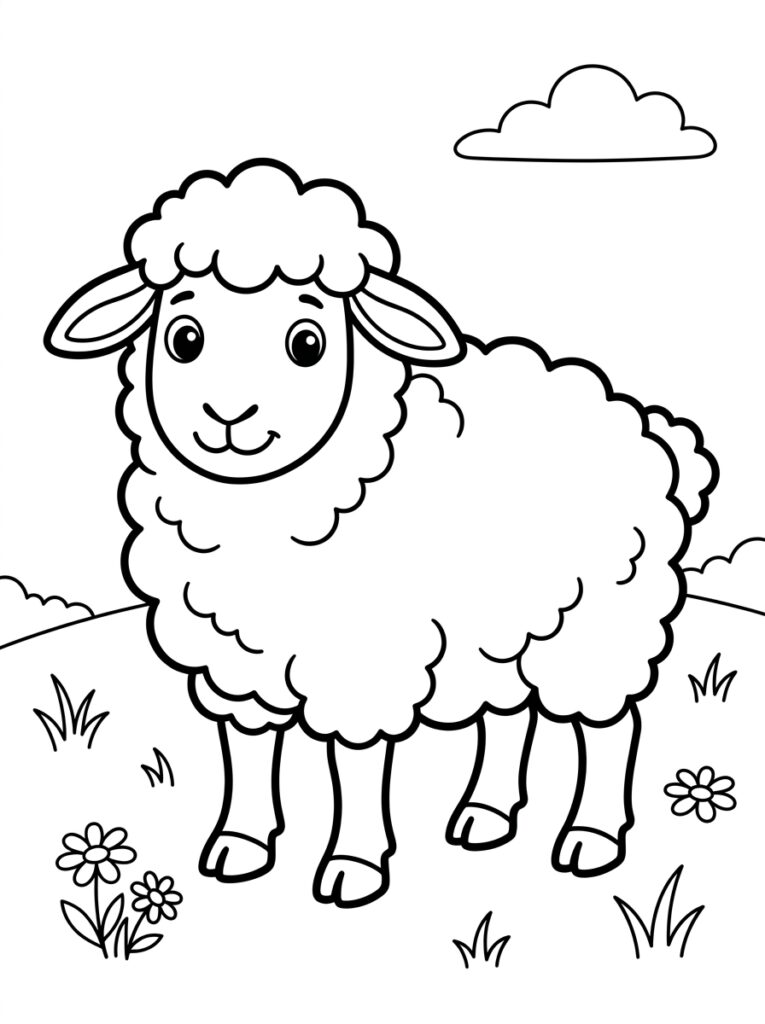 Kleurplaat van een schaap staand in gras met bloemen en een wolk
