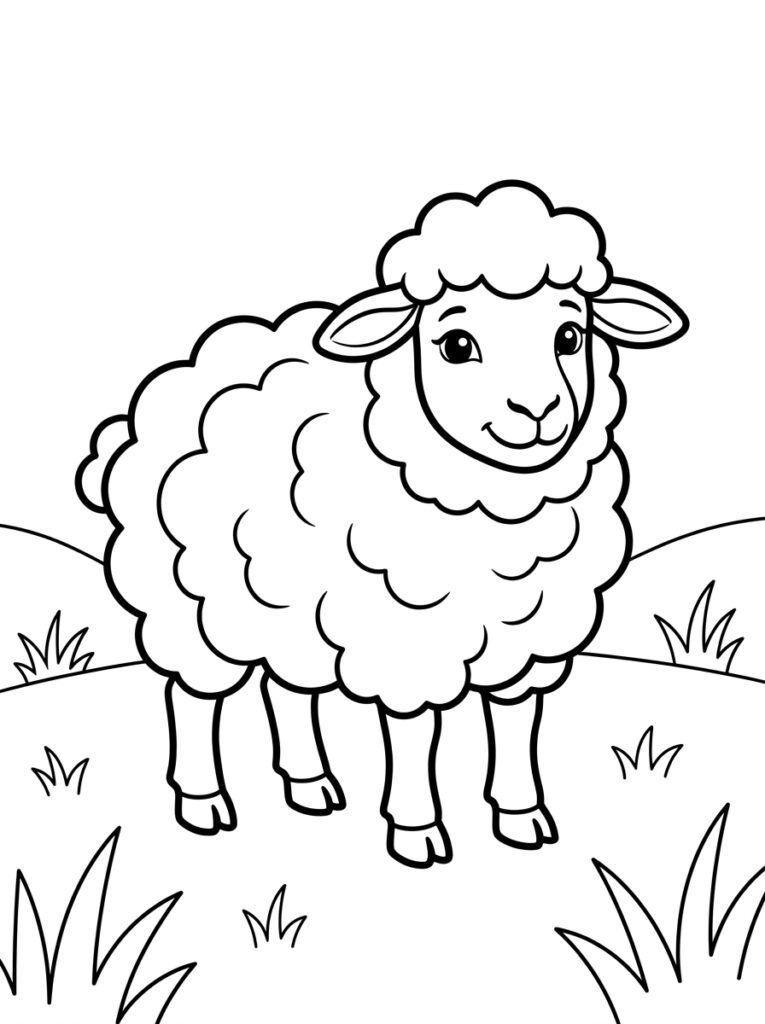 Kleurplaat van een schaap staand in een weiland met gras en wolken
