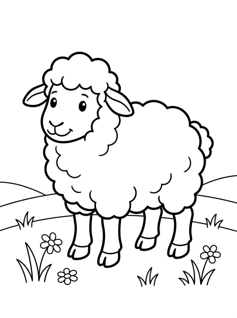Kleurplaat van een schaap staand in gras met bloemen op de voorgrond