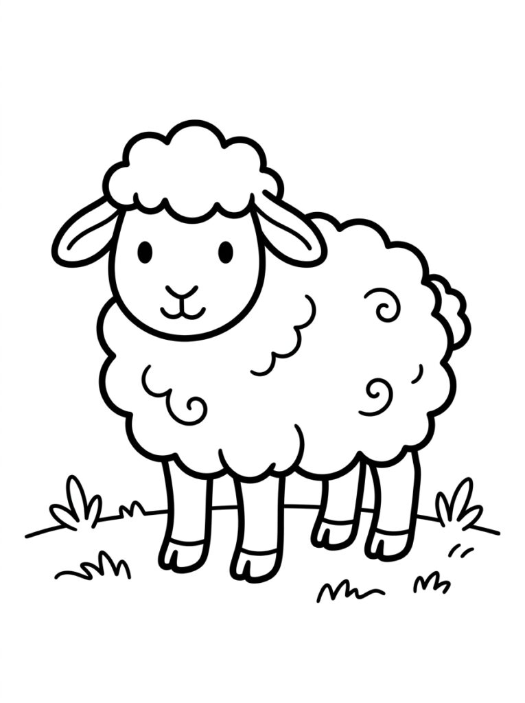 Kleurplaat van een schaap met krullende wol staand in gras