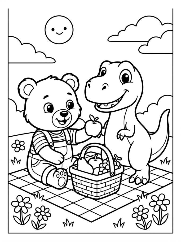 Teddybeer geeft appel aan lachende dinosaurus